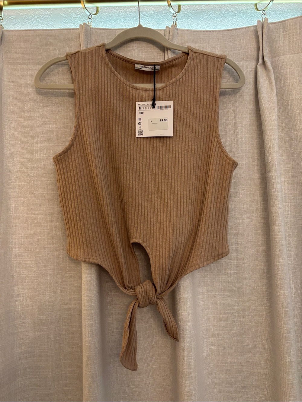 Zara Trafaluc S/S18 Ribbed Tie-Front Tank Top - Tan, Medium